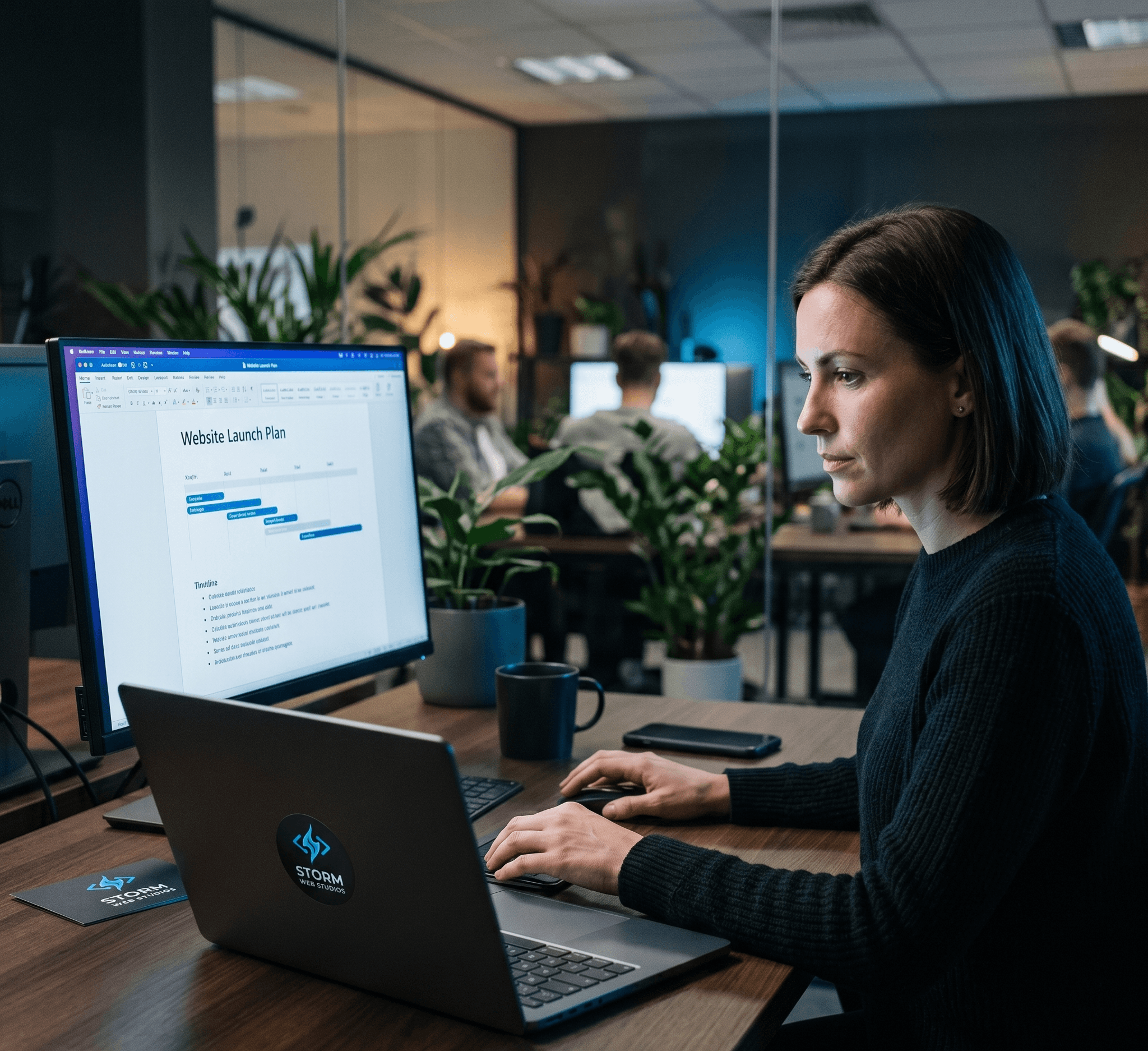 Designer reviewing launch work on a laptop